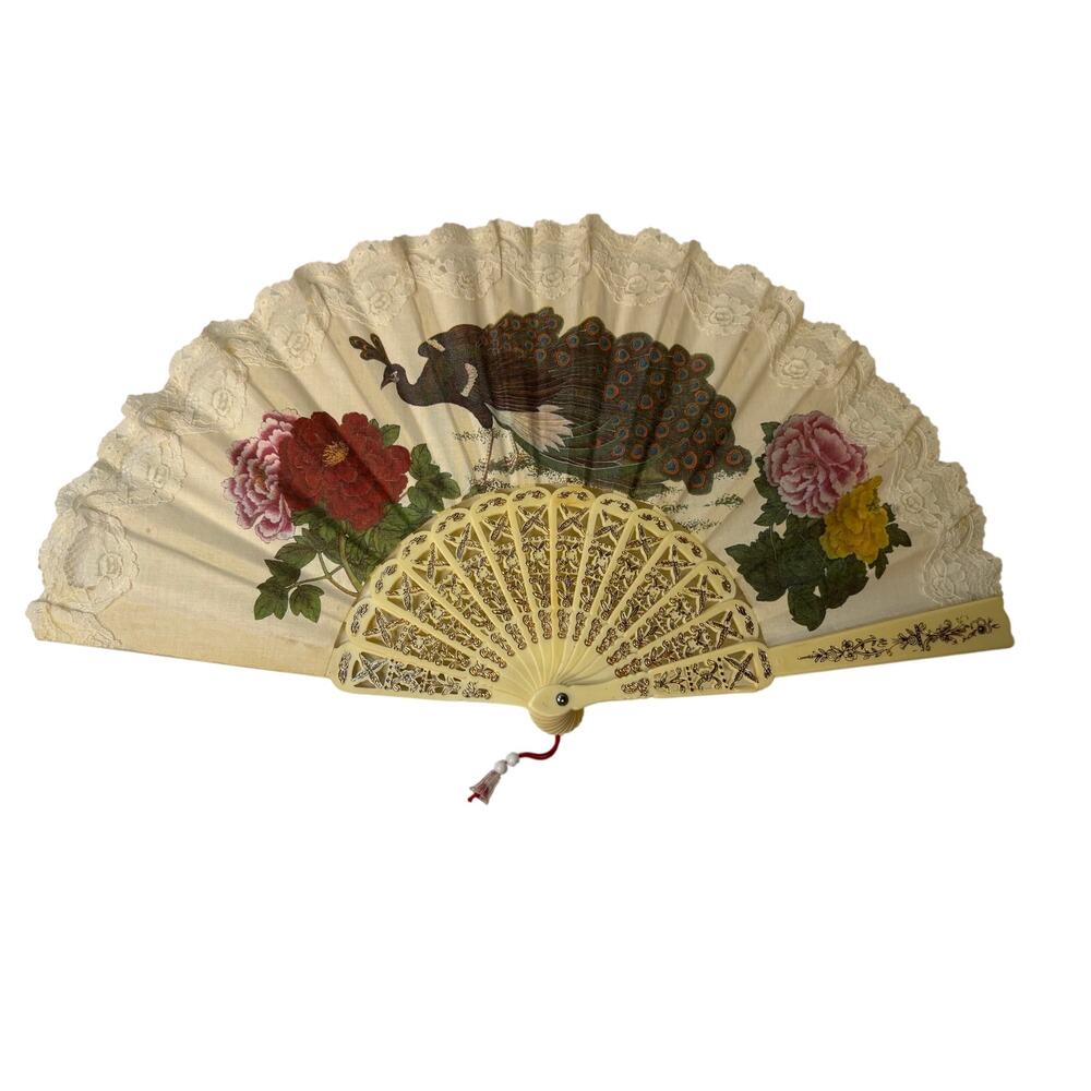Vintage Fabric & Lace Hand Fan Peacock Floral Victorian Style Romantic